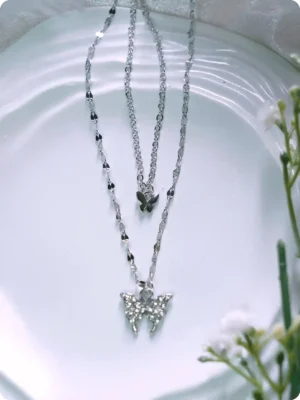 Butterfly Double Layer Necklace – Silver Finish