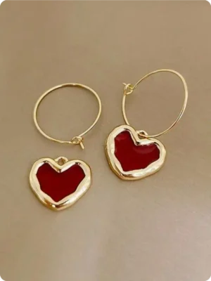Gold Red Heart Resin Hoop Earrings